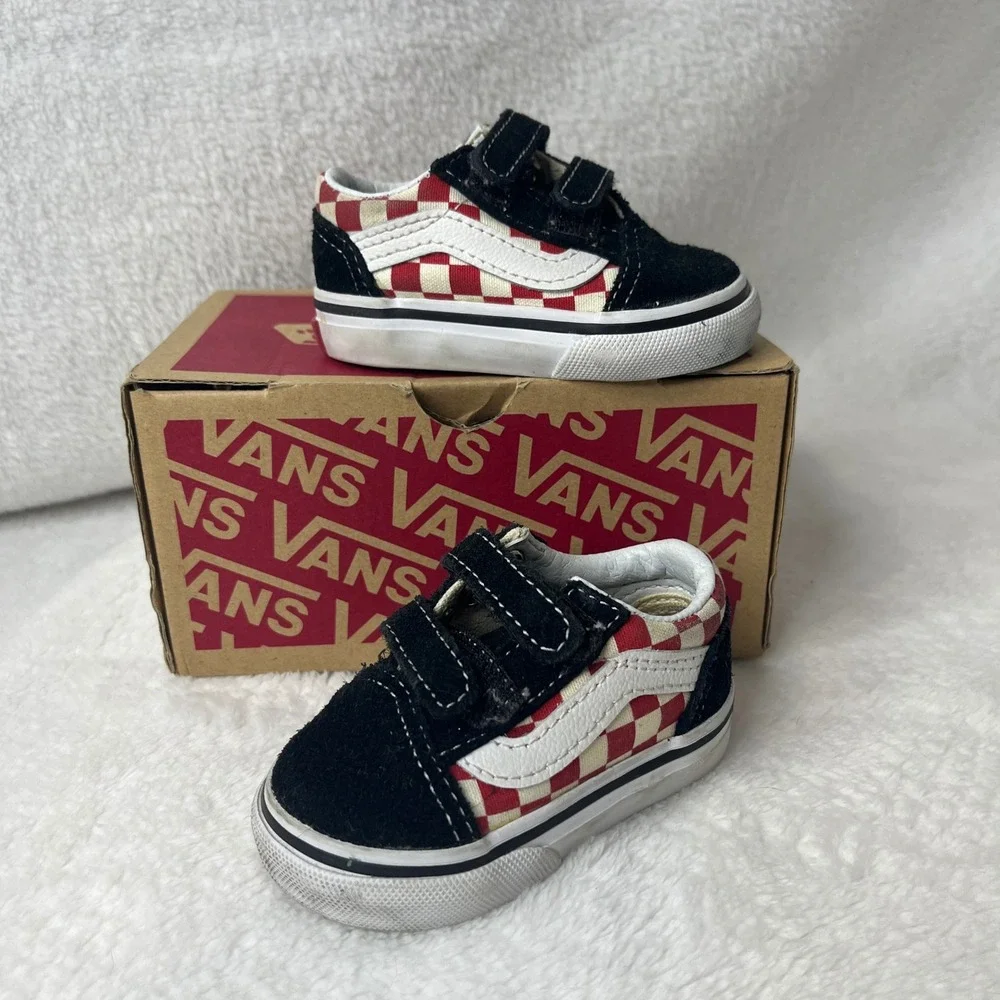 Toddler Vans Old Skool V Crib Shoes Red Checkerboard Black Suede Size 2‎